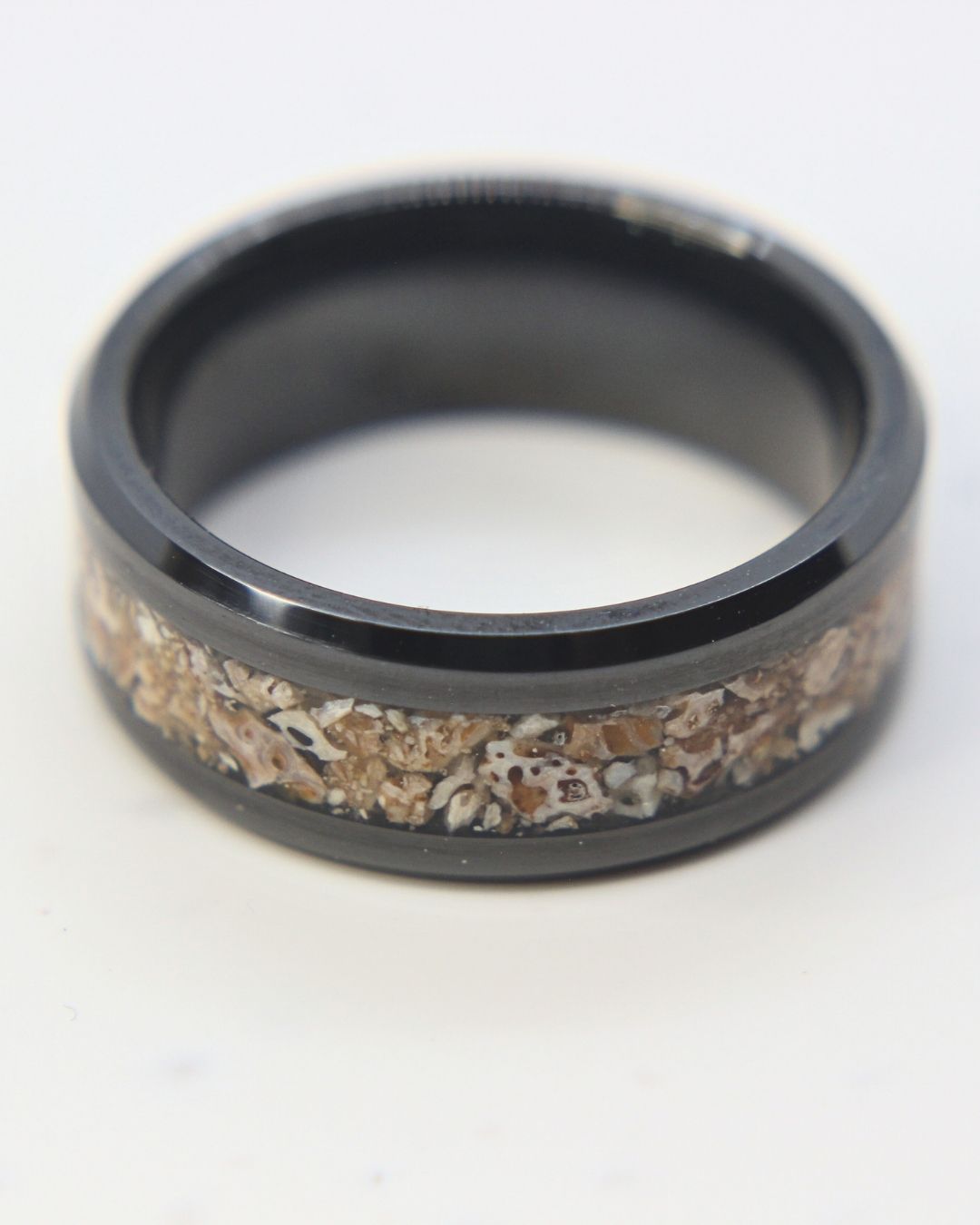 Zirconium ring with Plesiosaurus fossil fragments inlay, handmade in Cape Town — RHYN