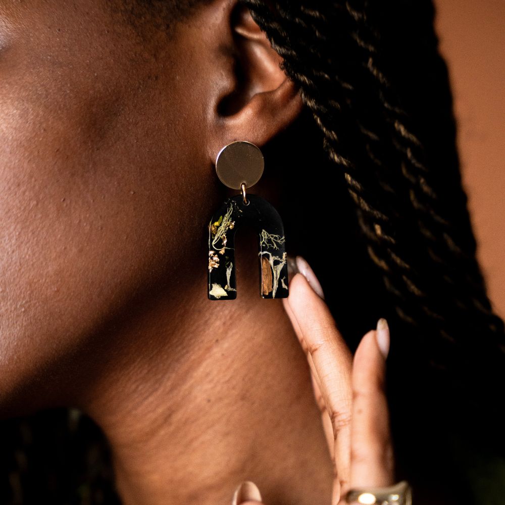 Sterling silver, brass disc earrings with preserved South African moss and lichen in resin, handmade in Cape Town — RHYN
