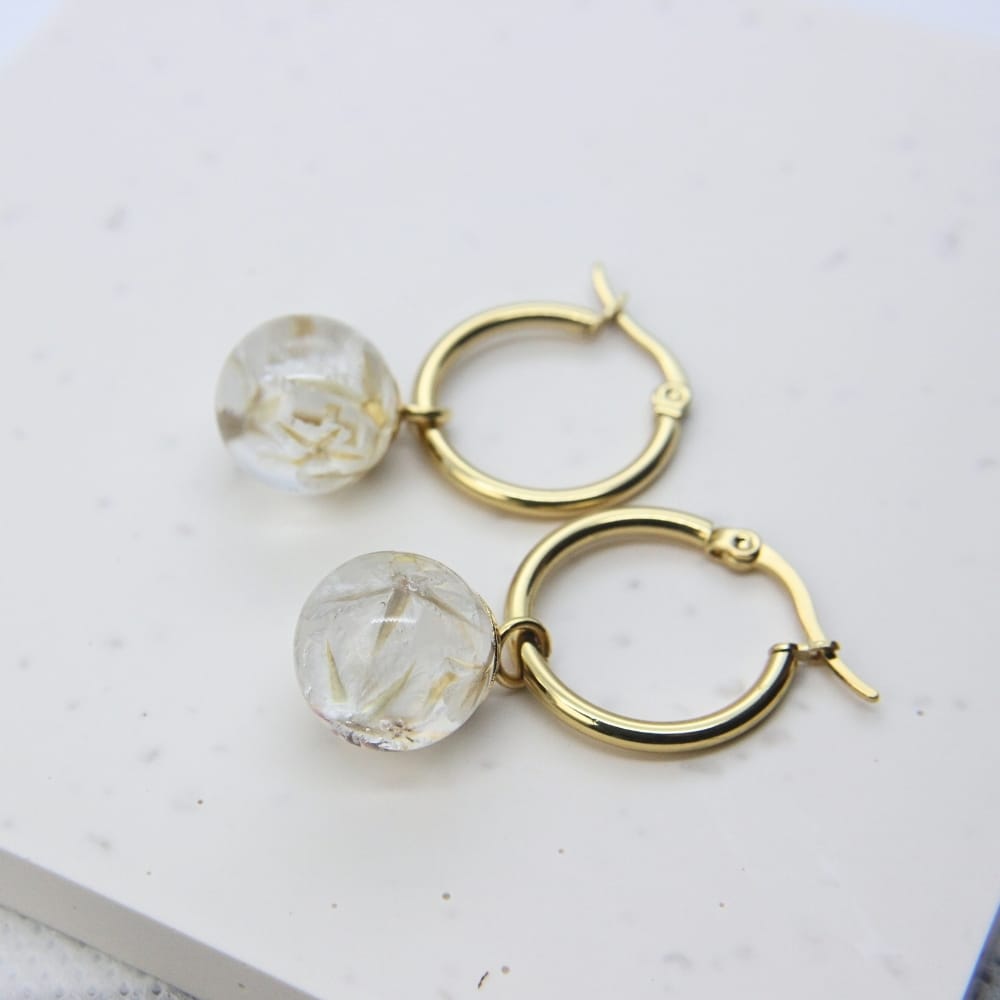 Gold plated, stainless steel, hoop earrings with preserved South African fynbos in resin, handmade in Cape Town — RHYN