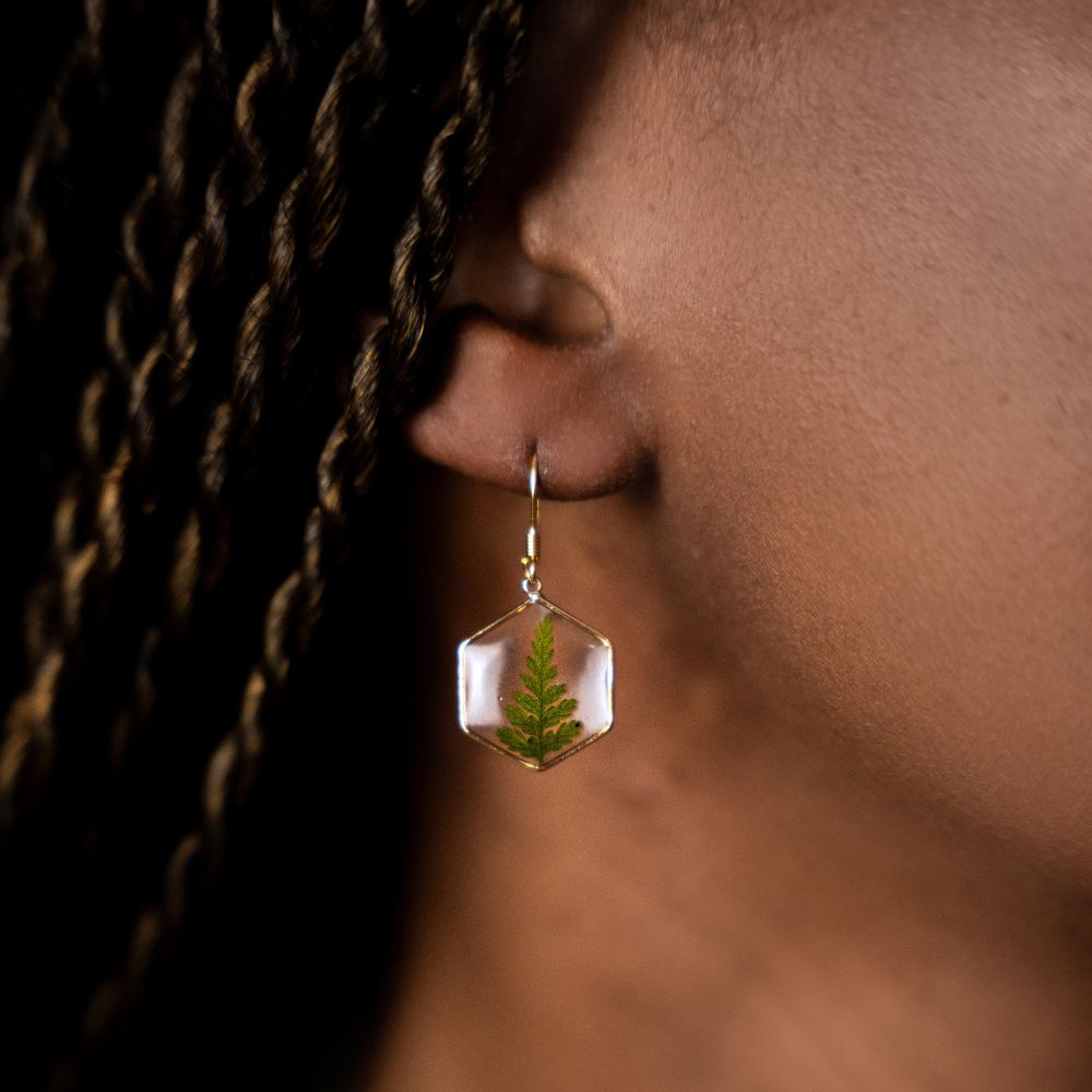 Resin earrings with preserved South African fern, Cape Town jewellery — RHYN