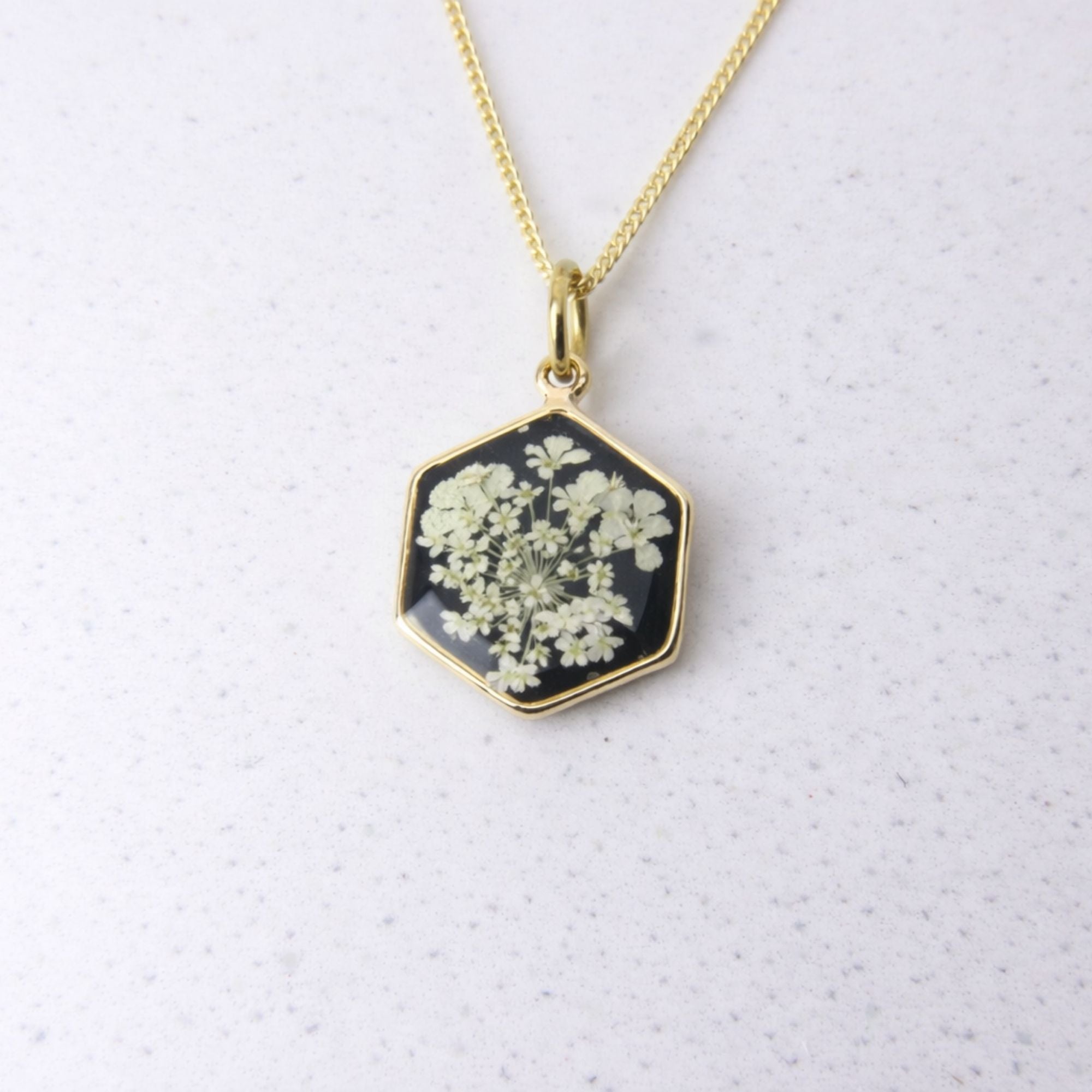 Resin necklace with preserved South African lace flowers, Cape Town jewellery — RHYN