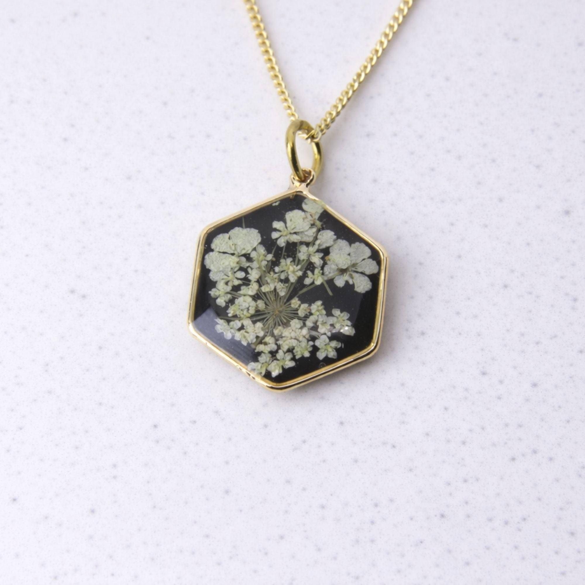 Resin necklace with preserved South African lace flowers, Cape Town jewellery — RHYN