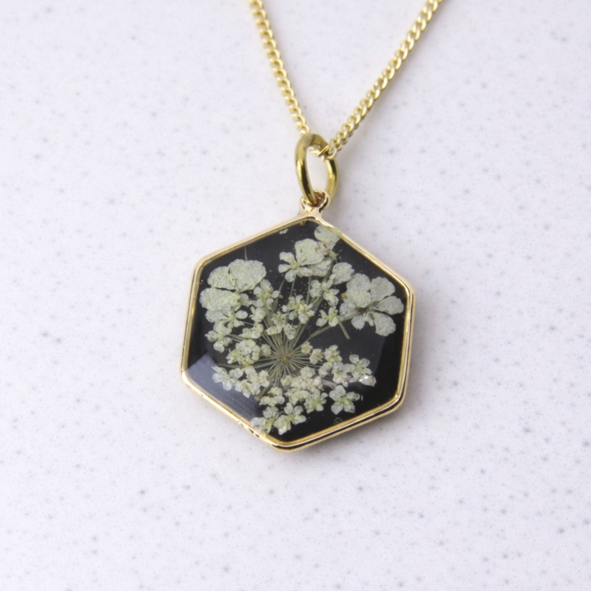 Resin necklace with preserved South African lace flowers, Cape Town jewellery — RHYN