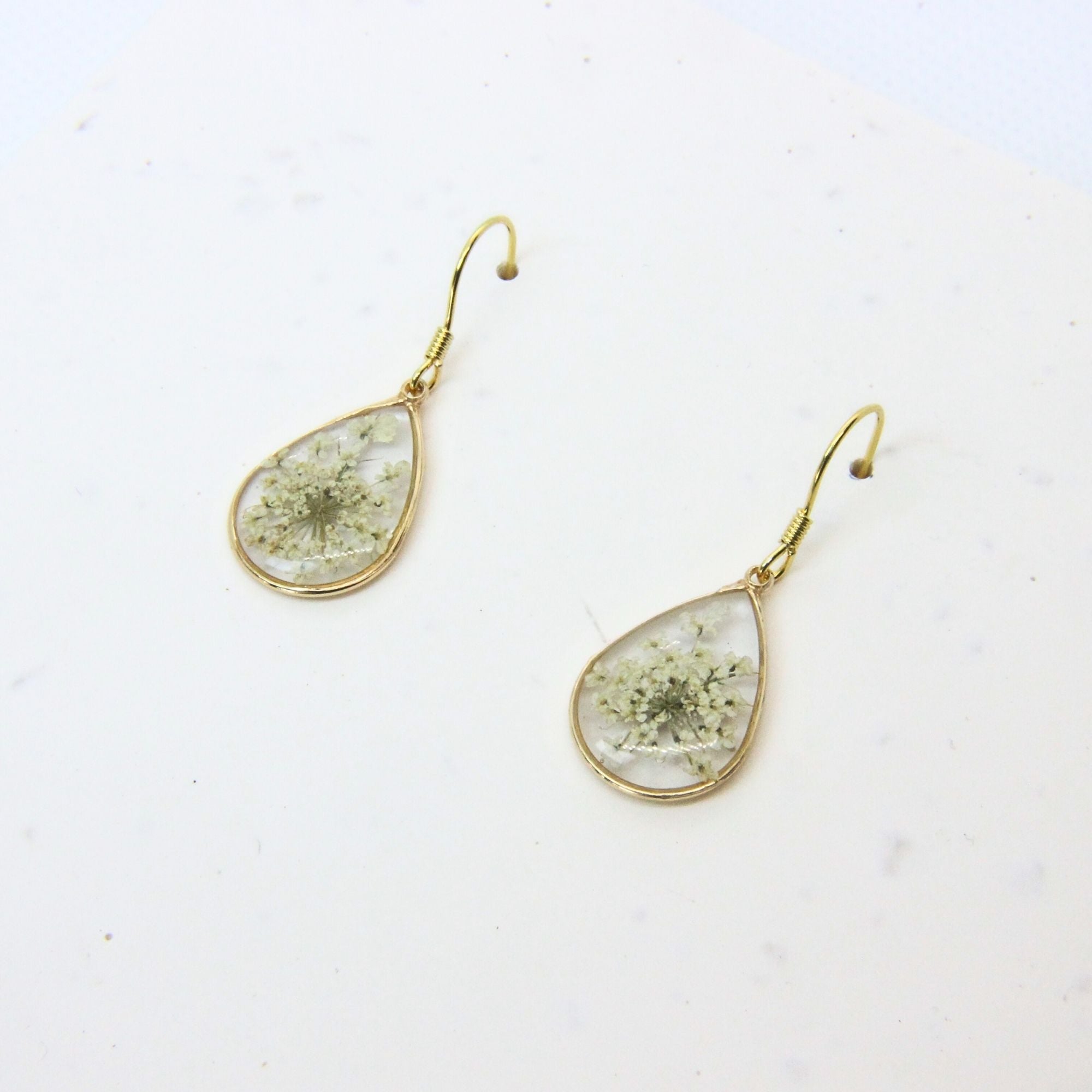 Resin earrings with preserved South African lace flowers, Cape Town jewellery — RHYN