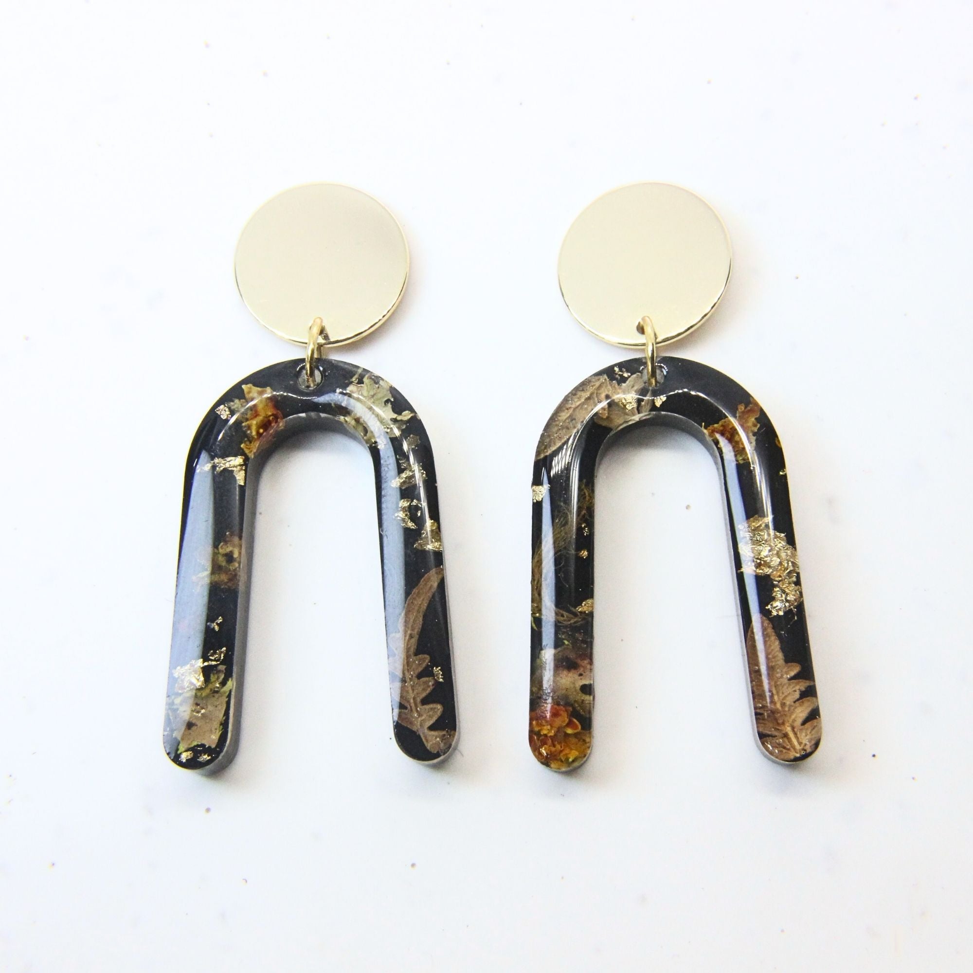 Sterling silver, brass disc earrings with preserved South African moss and lichen in resin, handmade in Cape Town — RHYN