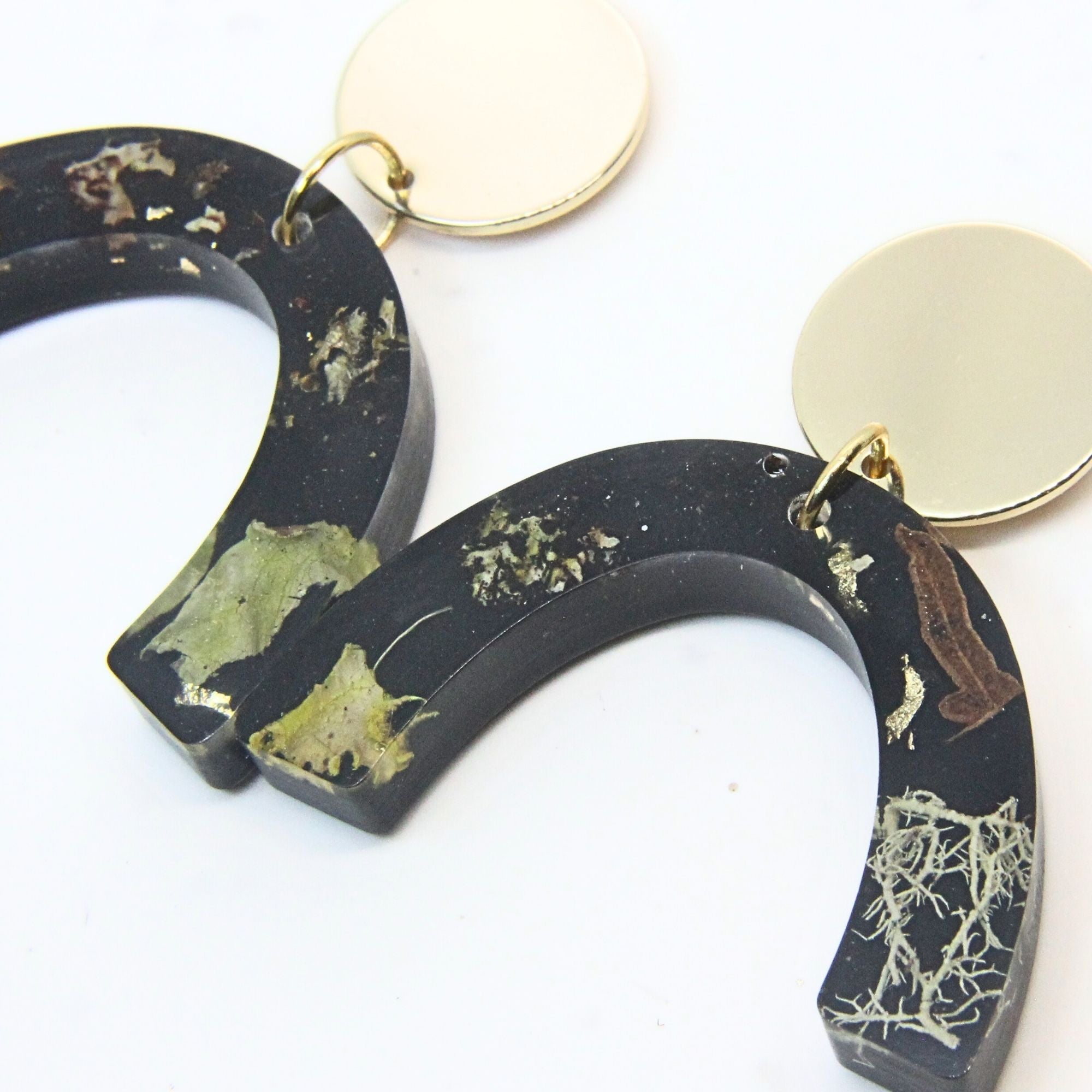 Sterling silver, brass disc earrings with preserved South African moss and lichen in resin, handmade in Cape Town — RHYN