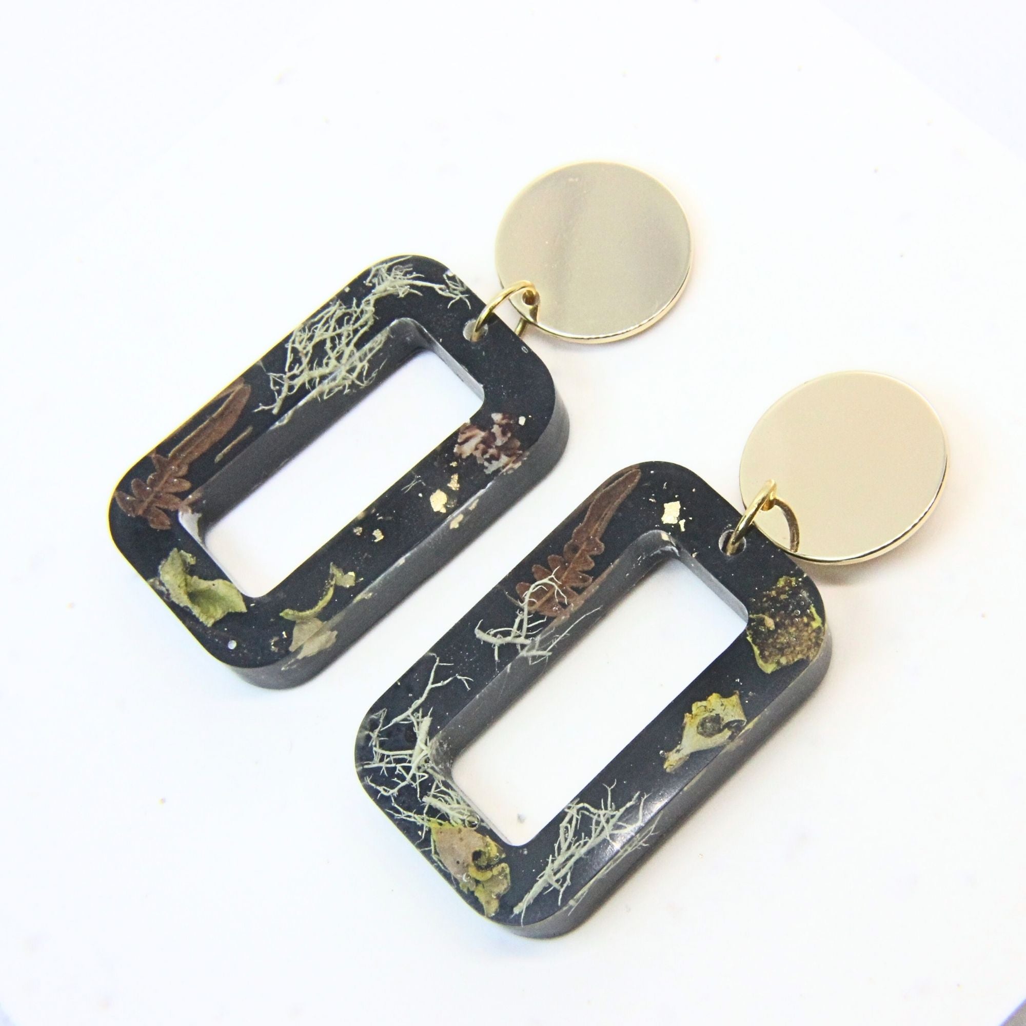 Sterling silver, brass disc earrings with preserved South African moss and lichen in resin, handmade in Cape Town — RHYN