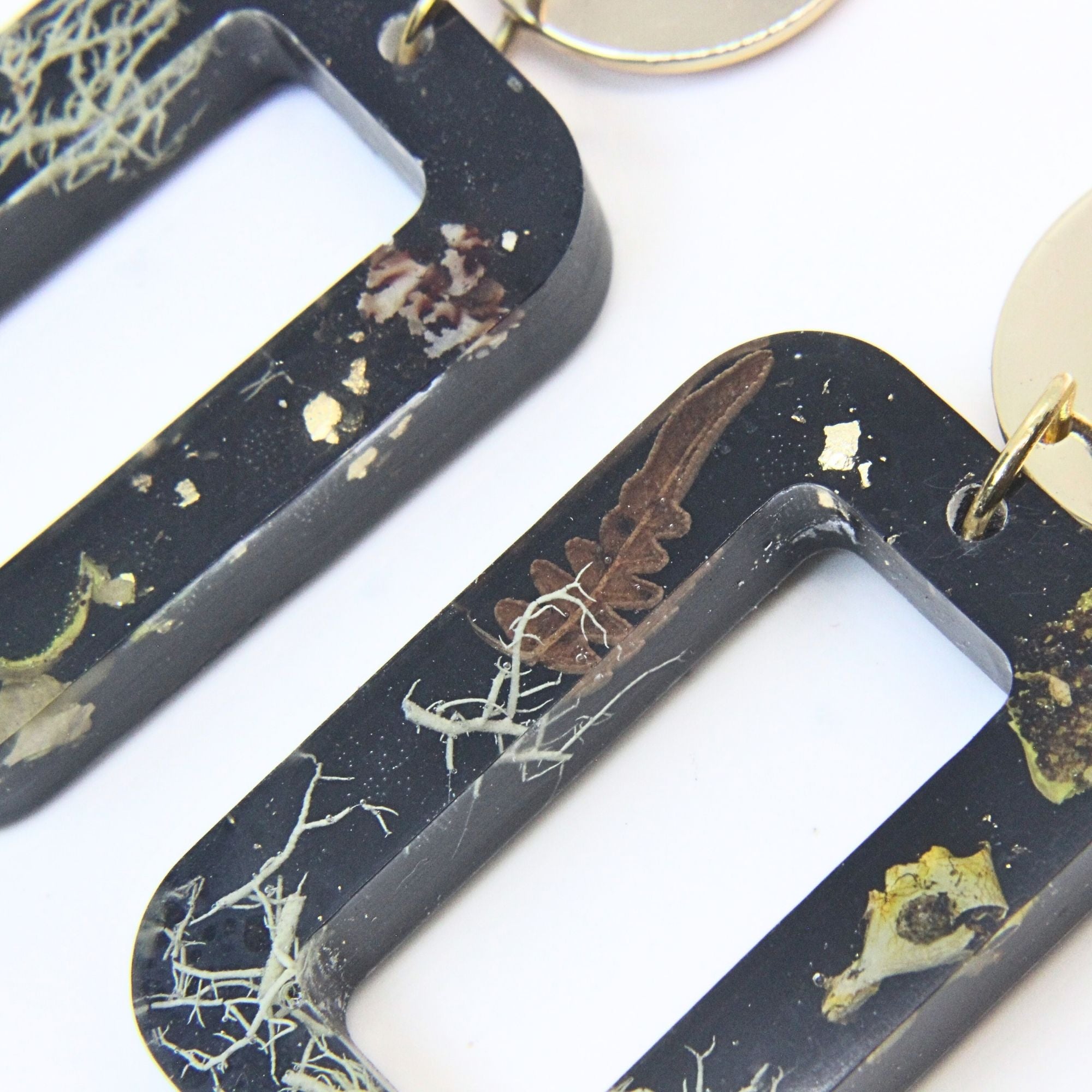 Sterling silver, brass disc earrings with preserved South African moss and lichen in resin, handmade in Cape Town — RHYN