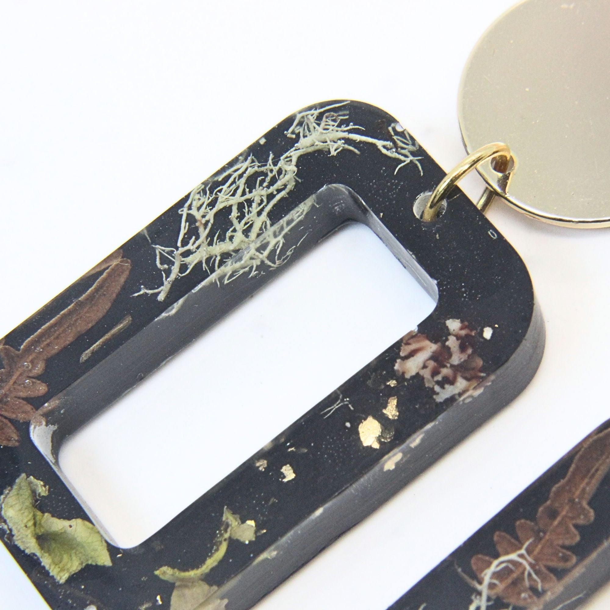 Sterling silver, brass disc earrings with preserved South African moss and lichen in resin, handmade in Cape Town — RHYN