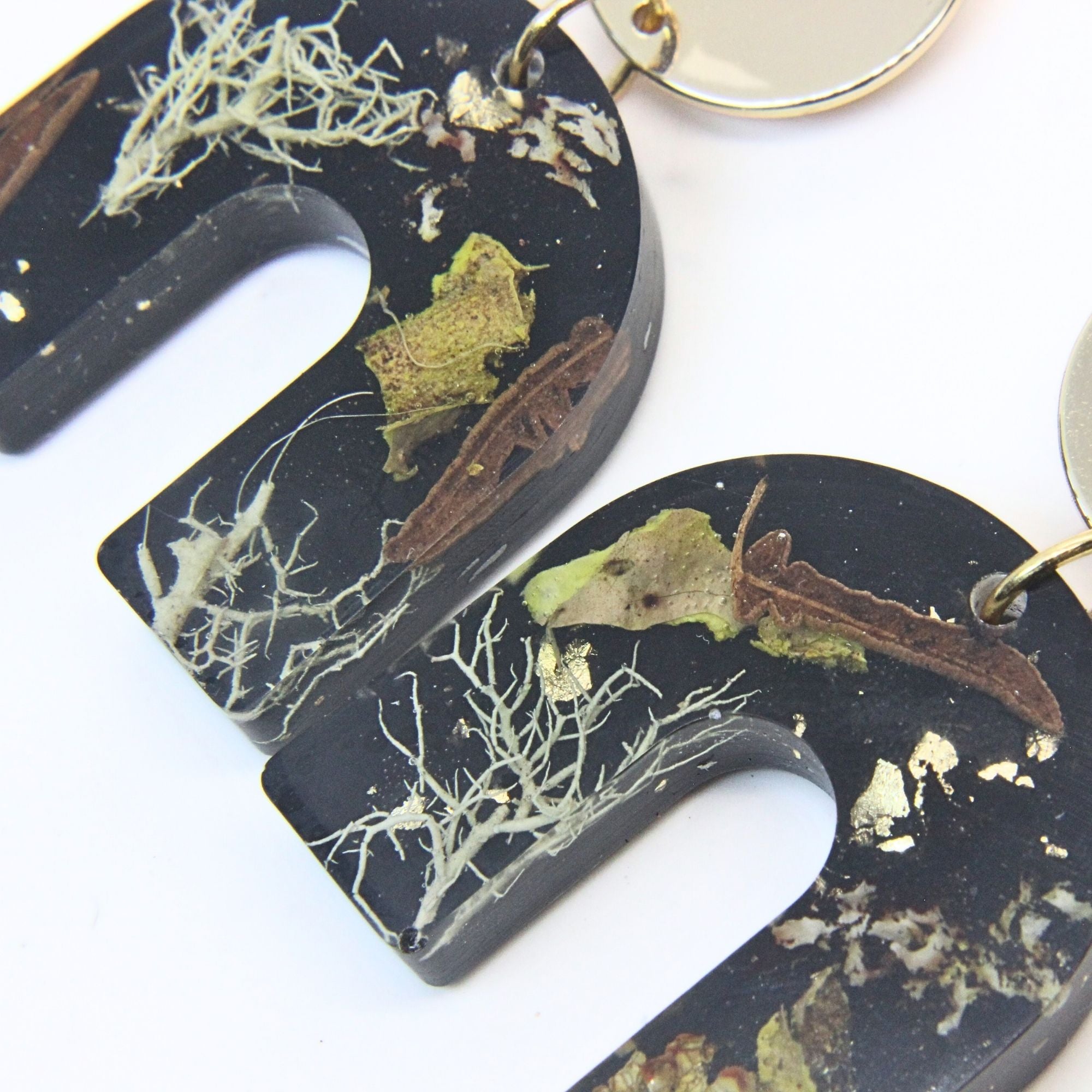 Sterling silver, brass disc earrings with preserved South African moss and lichen in resin, handmade in Cape Town — RHYN