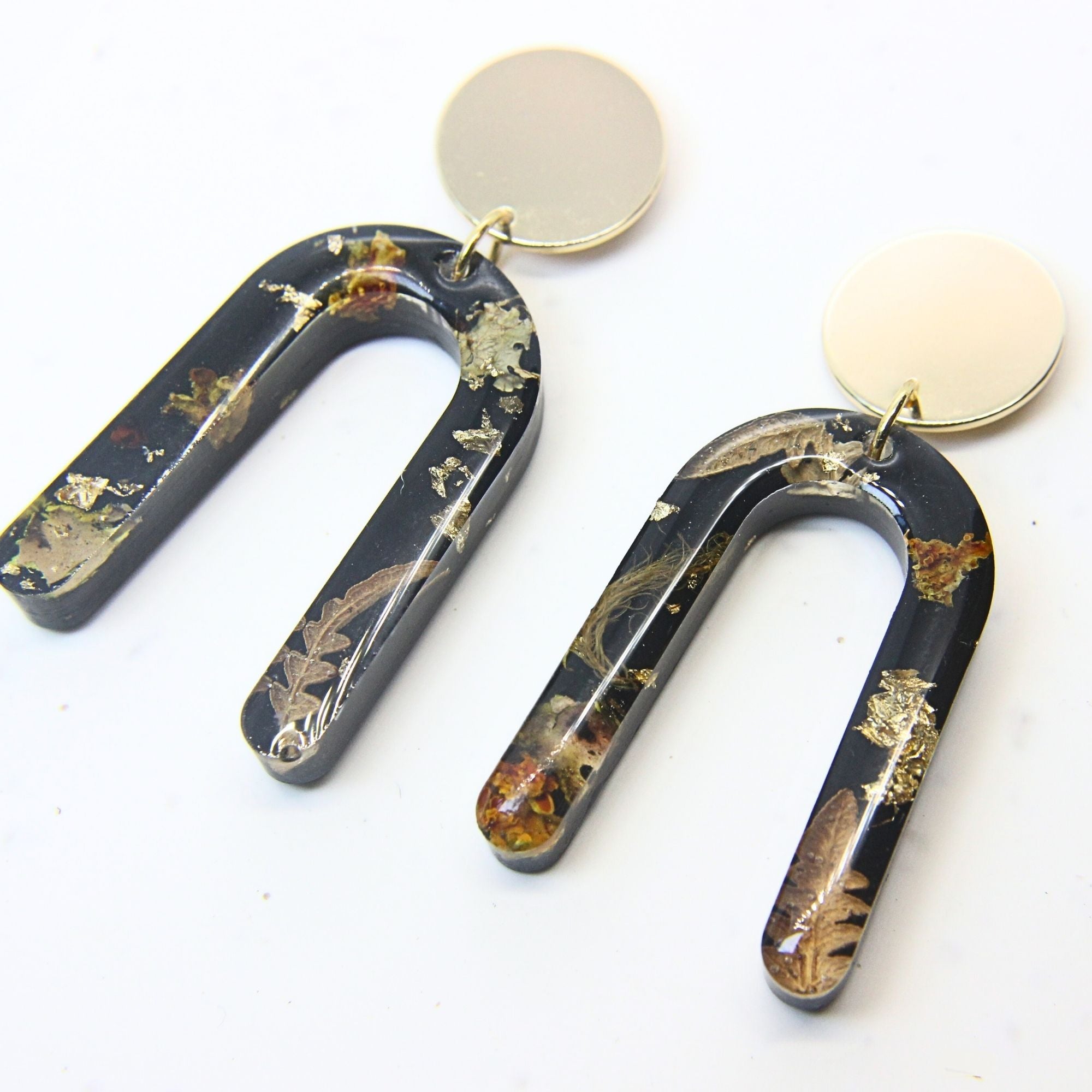 Sterling silver, brass disc earrings with preserved South African moss and lichen in resin, handmade in Cape Town — RHYN