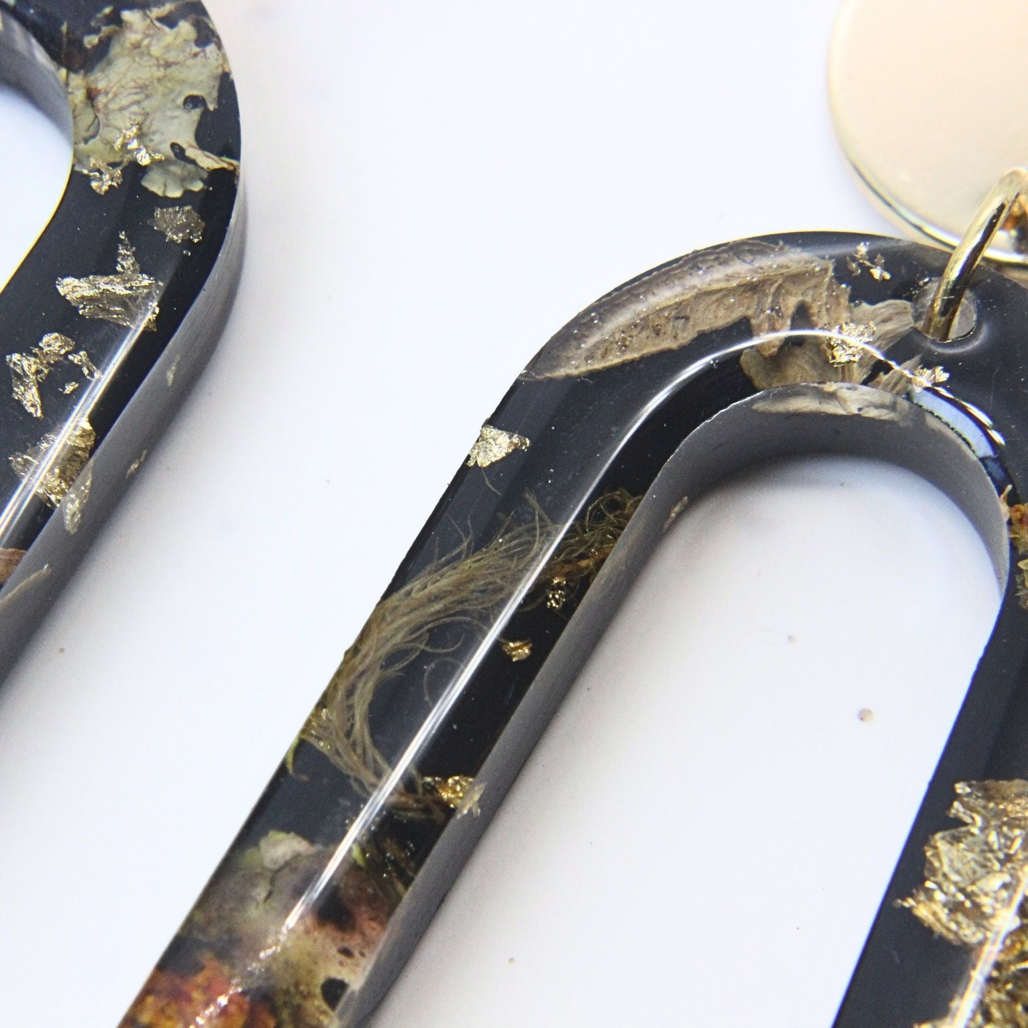 Sterling silver, brass disc earrings with preserved South African moss and lichen in resin, handmade in Cape Town — RHYN