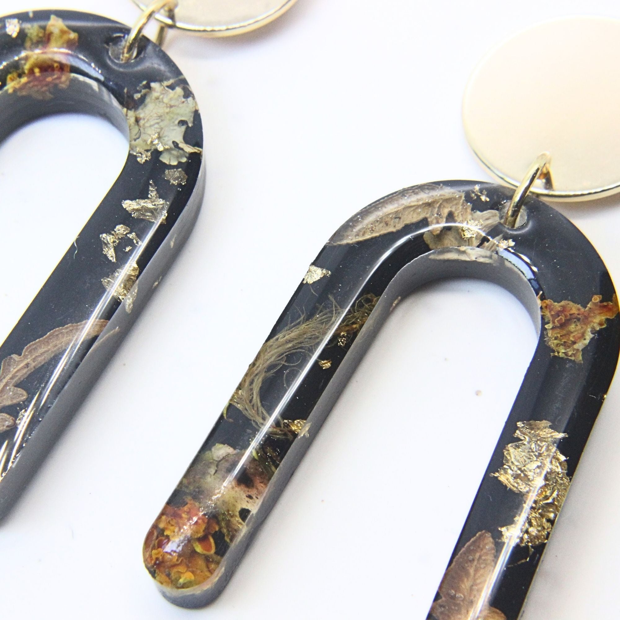 Sterling silver, brass disc earrings with preserved South African moss and lichen in resin, handmade in Cape Town — RHYN