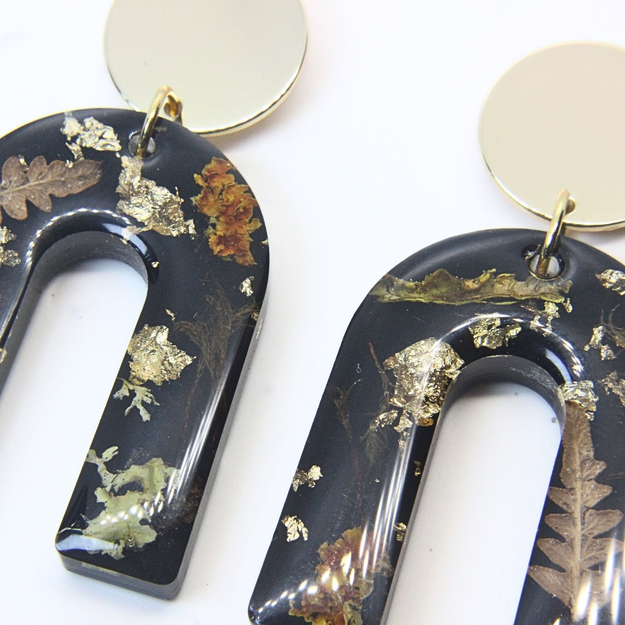 Sterling silver, brass disc earrings with preserved South African moss and lichen in resin, handmade in Cape Town — RHYN