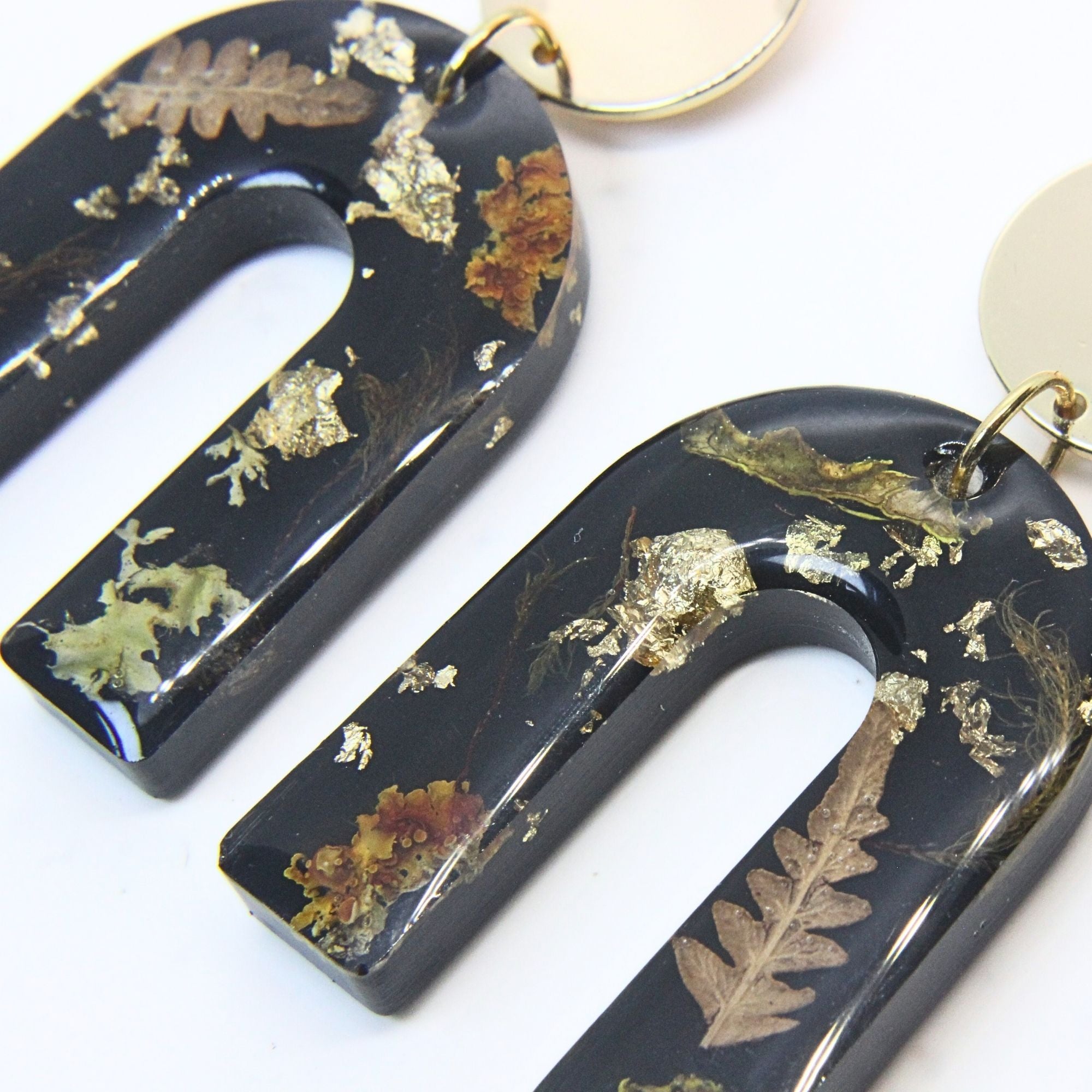Sterling silver, brass disc earrings with preserved South African moss and lichen in resin, handmade in Cape Town — RHYN