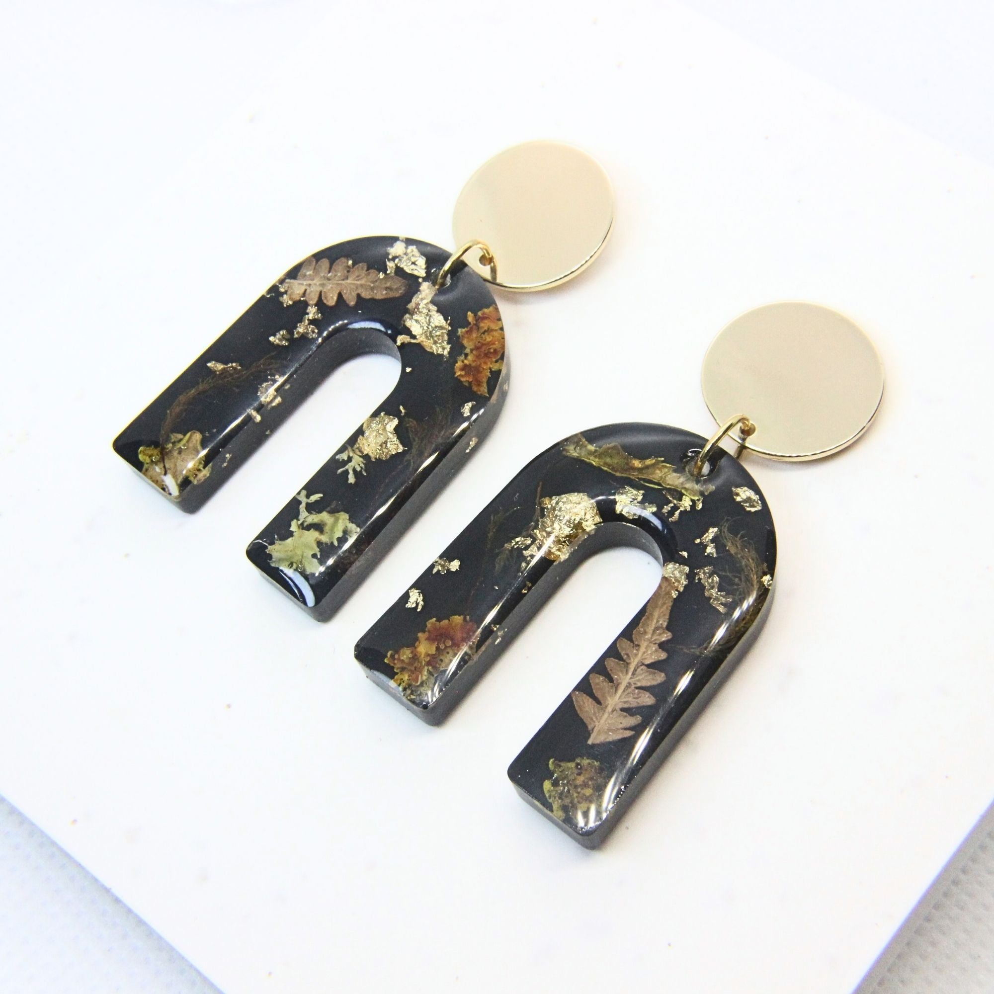 Sterling silver, brass disc earrings with preserved South African moss and lichen in resin, handmade in Cape Town — RHYN