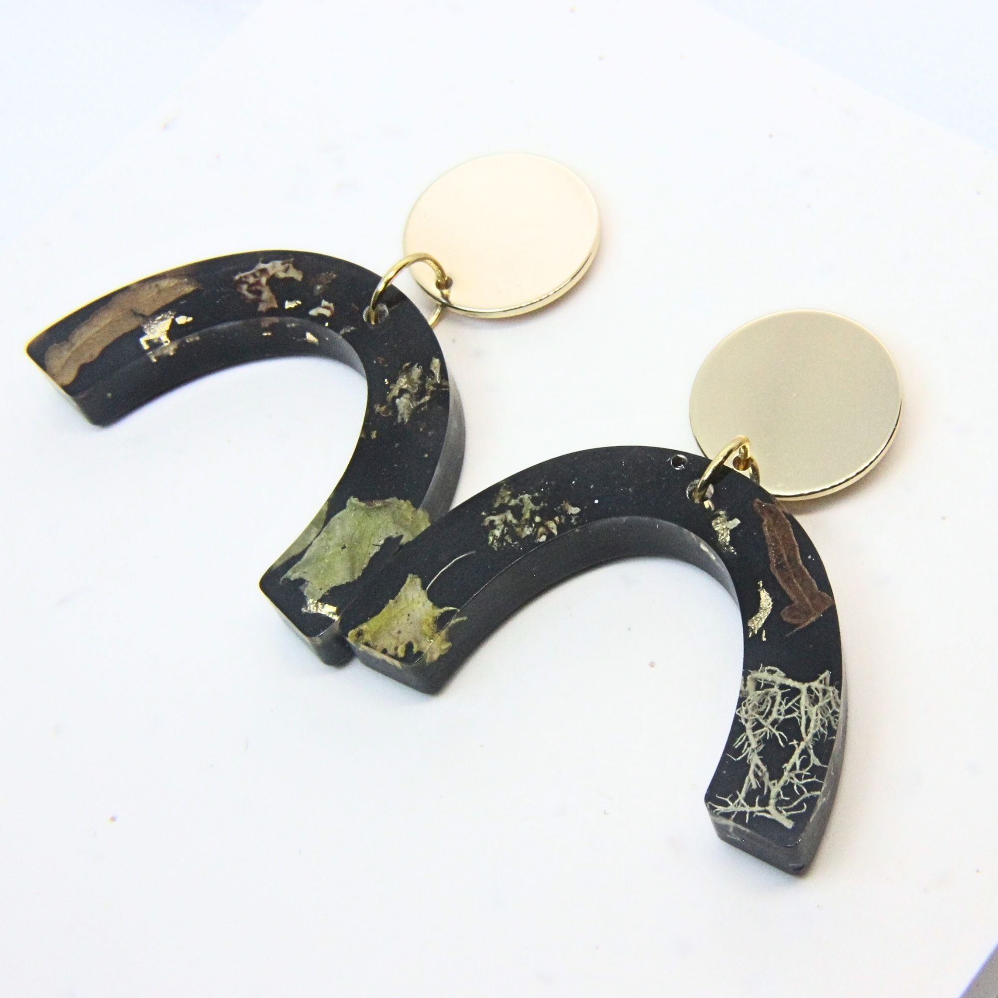Sterling silver, brass disc earrings with preserved South African moss and lichen in resin, handmade in Cape Town — RHYN