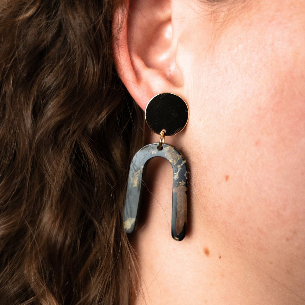 Sterling silver, brass disc earrings with preserved South African moss and lichen in resin, handmade in Cape Town — RHYN