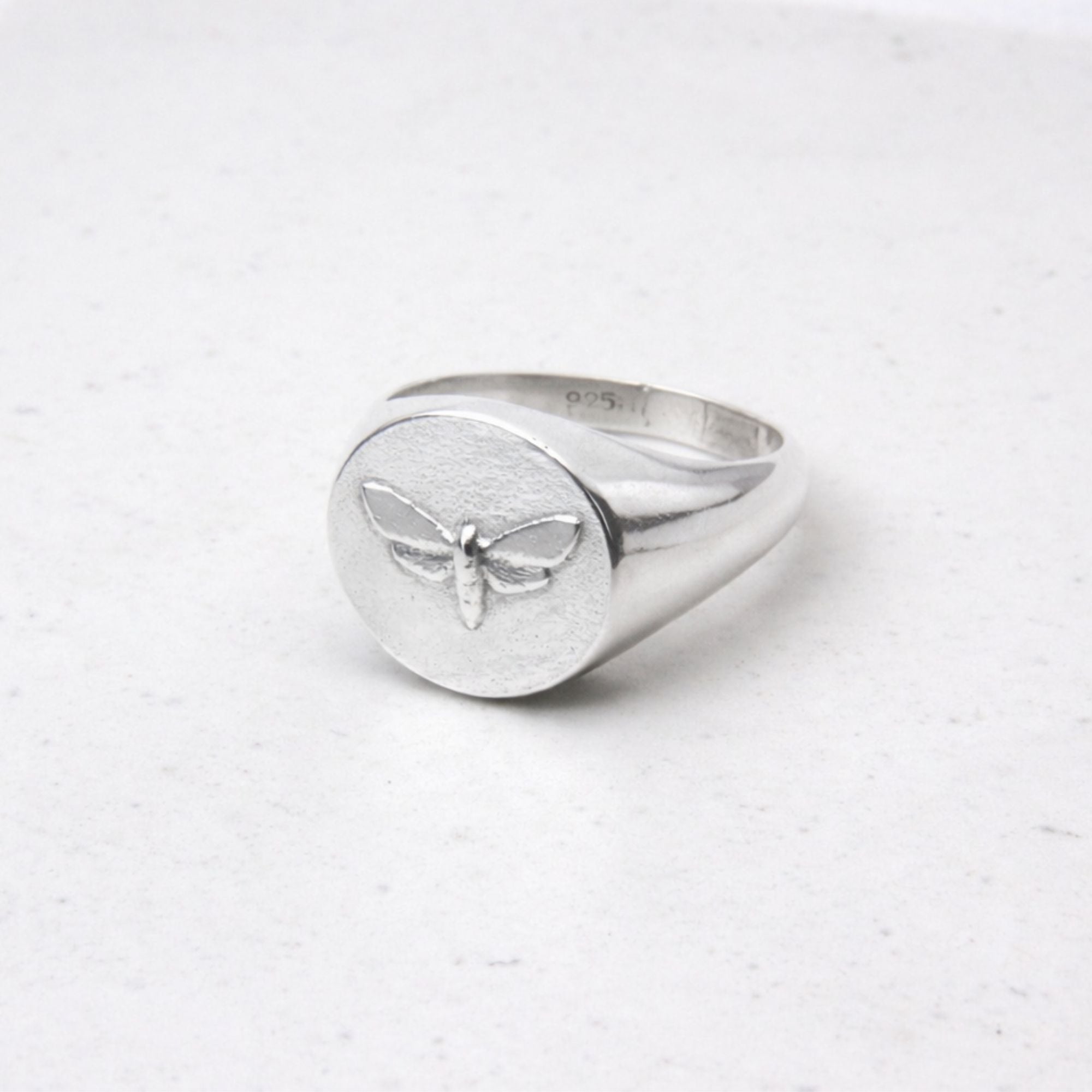 Hand-cast sterling silver moth signet ring, small-batch jewellery Cape Town — RHYN