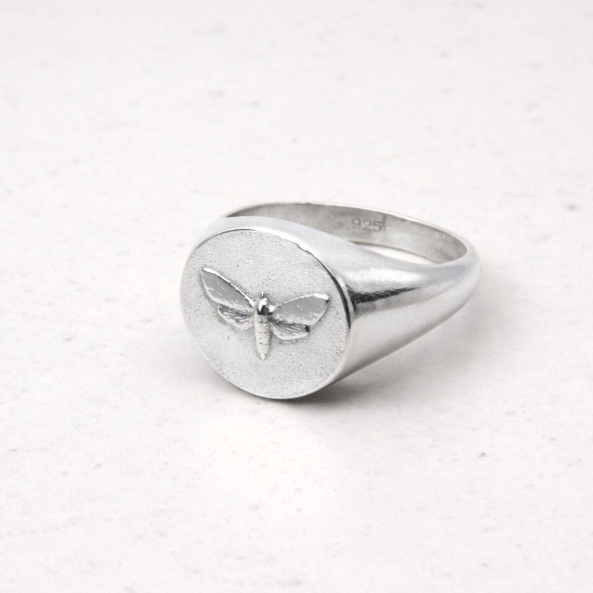 Hand-cast sterling silver moth signet ring, small-batch jewellery Cape Town — RHYN