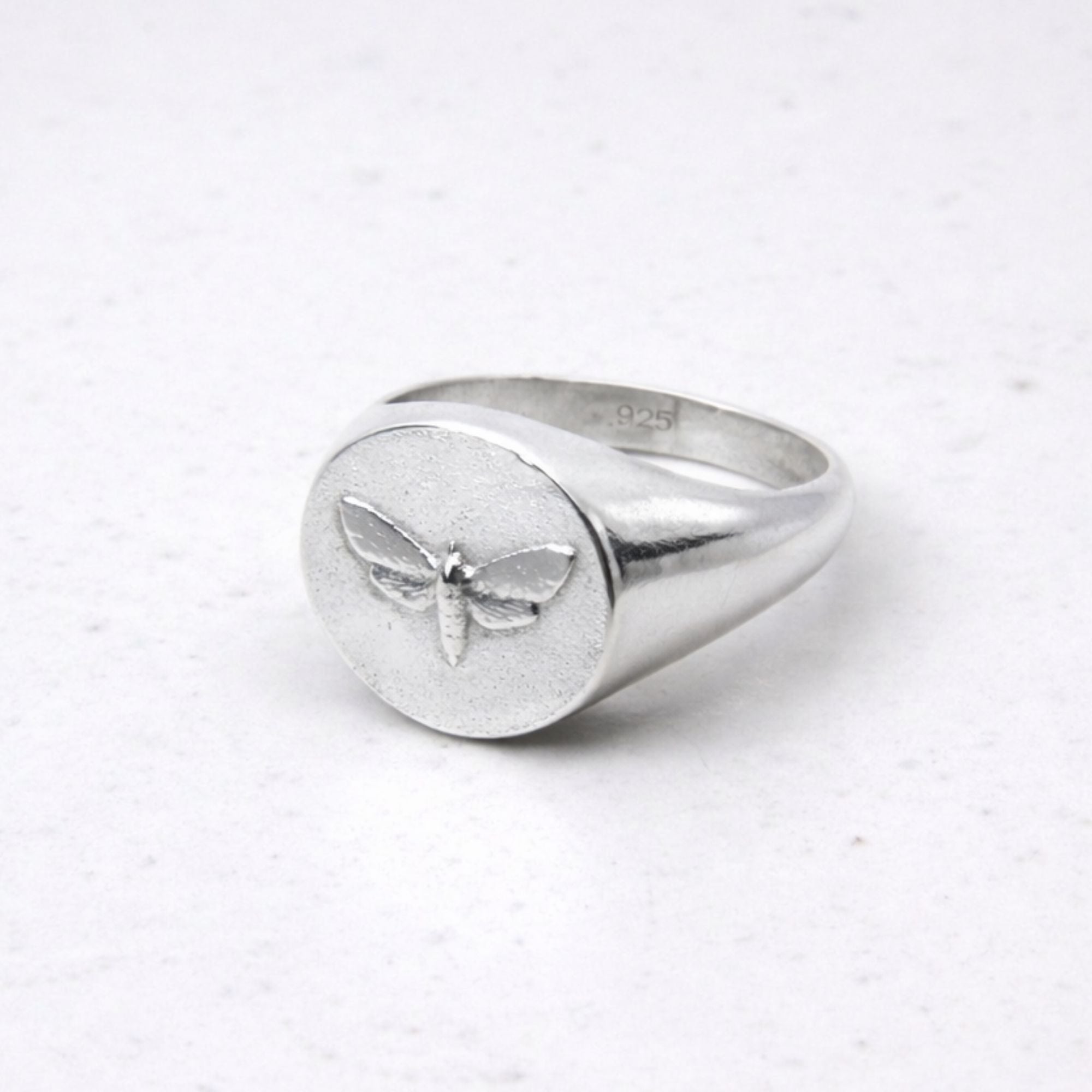 Hand-cast sterling silver moth signet ring, small-batch jewellery Cape Town — RHYN