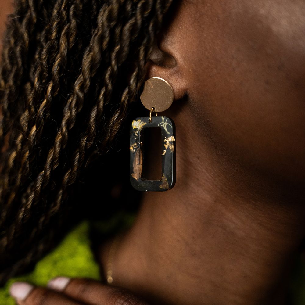 Sterling silver, brass disc earrings with preserved South African moss and lichen in resin, handmade in Cape Town — RHYN