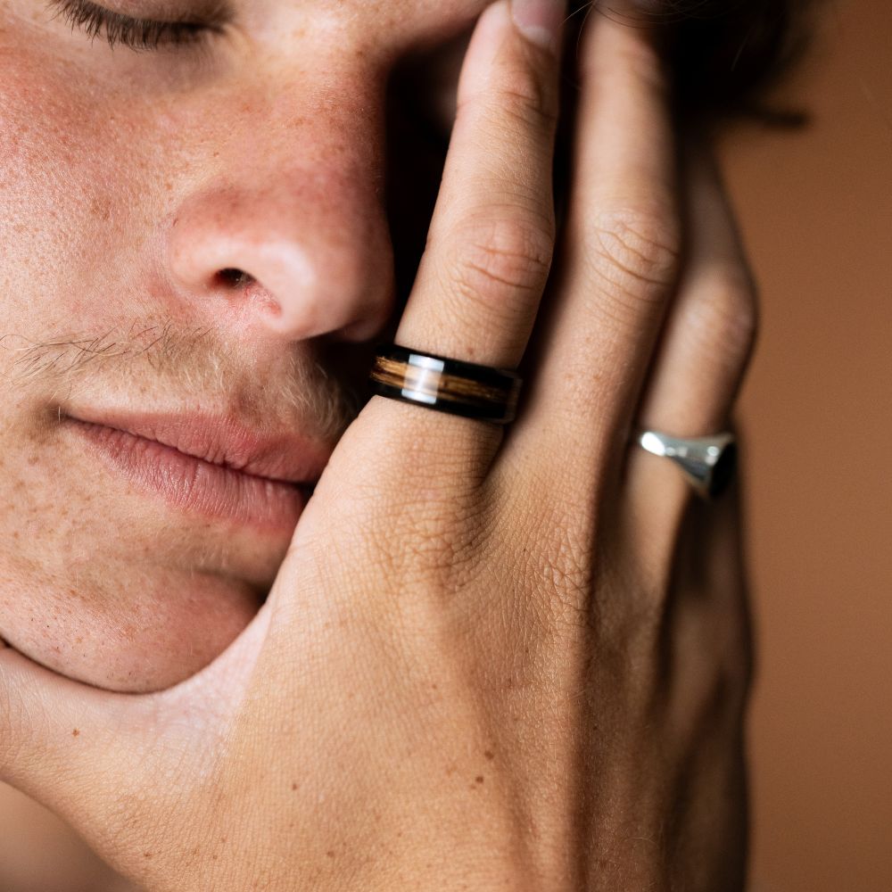 Zirconium ring with Zebrano wood inlay, made in Cape Town — RHYN