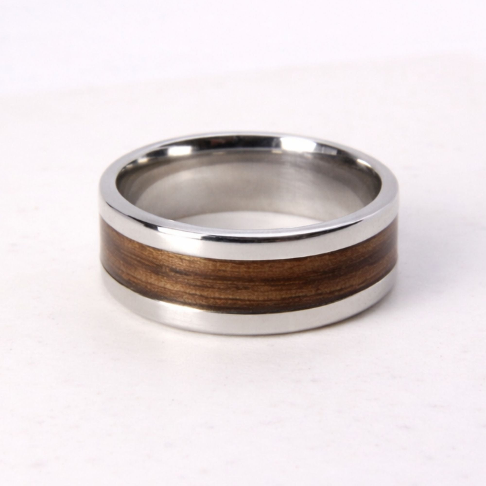 Stainless steel ring with Zebrano wood inlay, made in Cape Town — RHYN