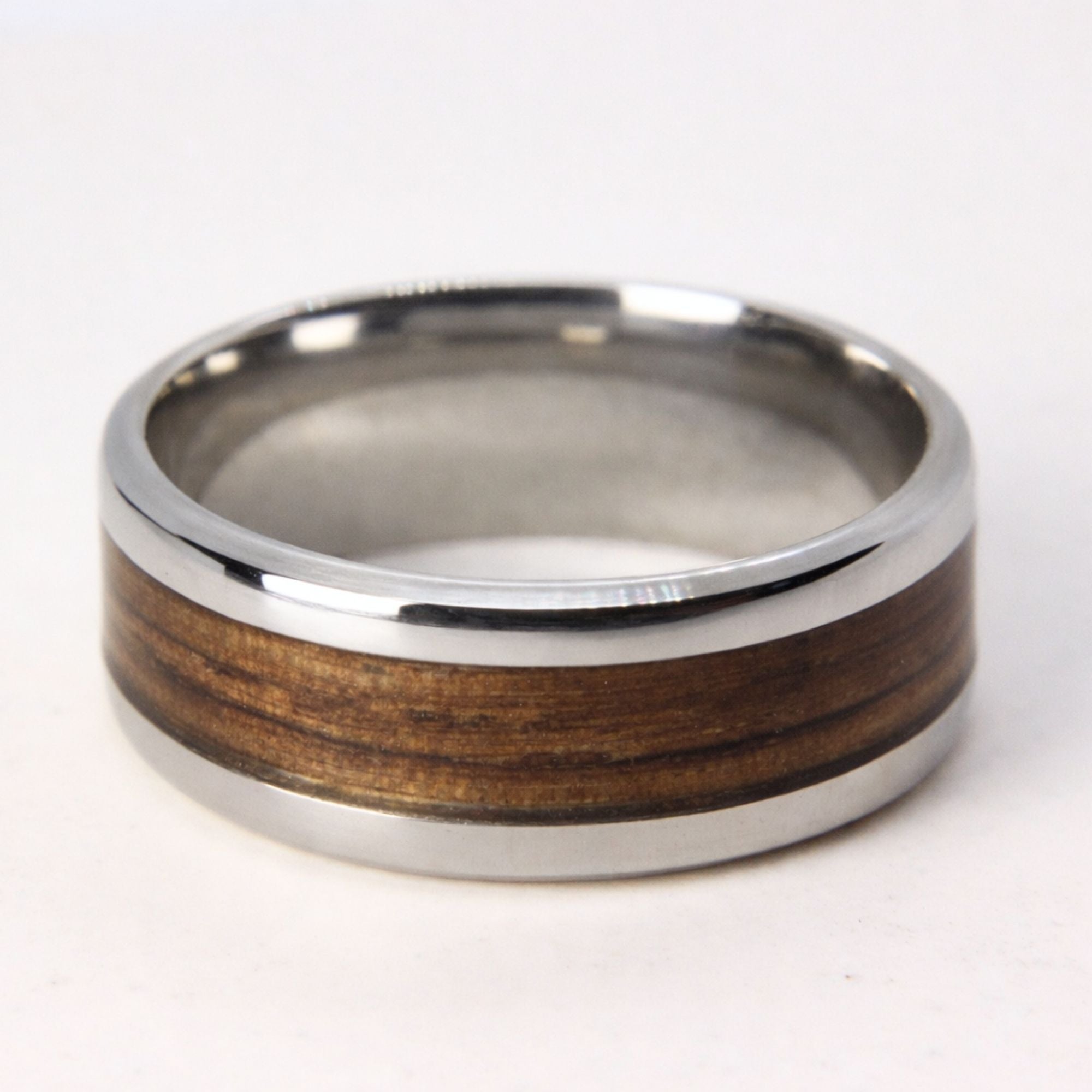 Stainless steel ring with Zebrano wood inlay, made in Cape Town — RHYN