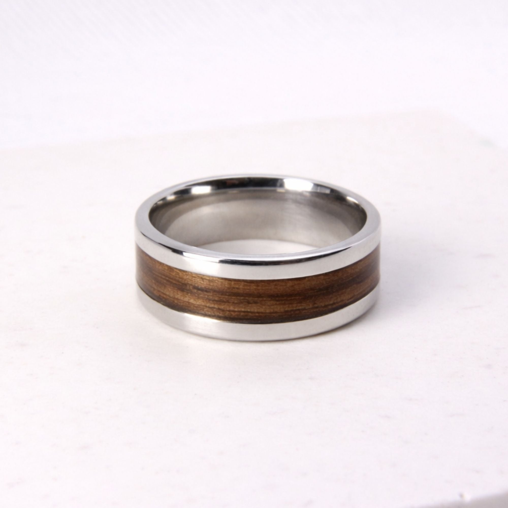 Stainless steel ring with Zebrano wood inlay, made in Cape Town — RHYN