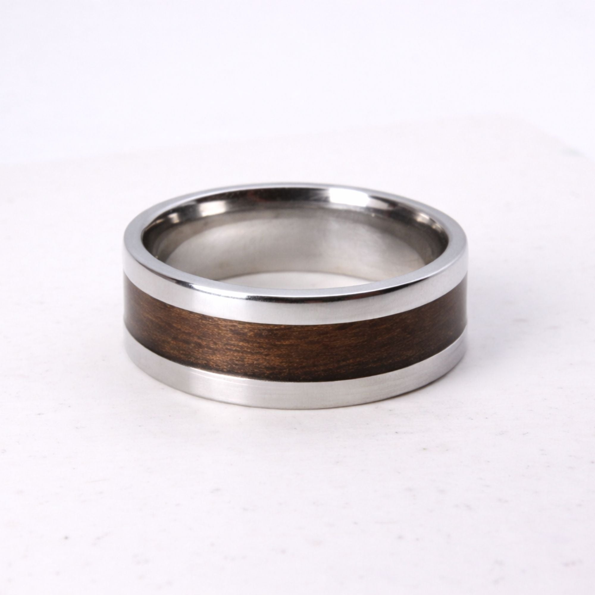 Stainless steel ring with walnut inlay, handmade in Cape Town — RHYN