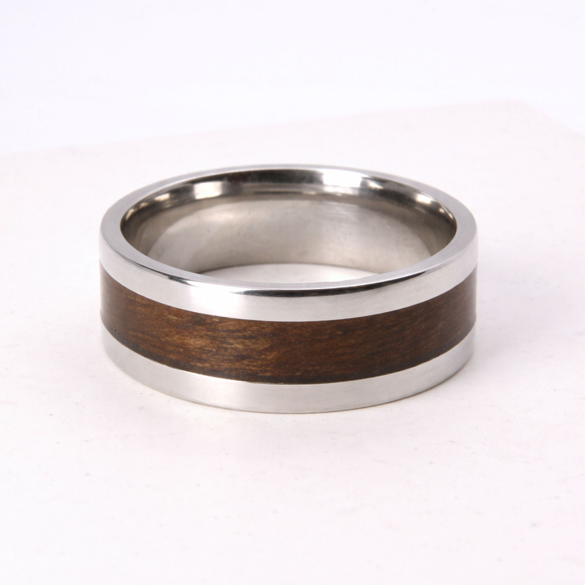 Stainless steel ring with walnut inlay, handmade in Cape Town — RHYN