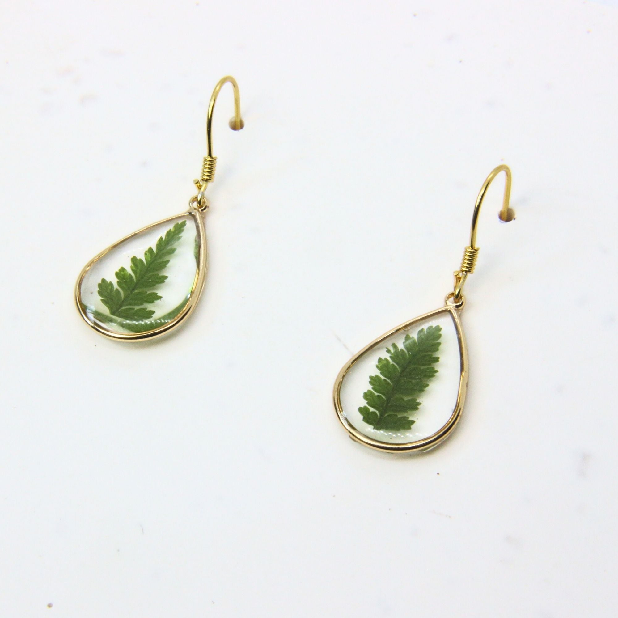 Resin earrings with preserved South African fern, Cape Town jewellery — RHYN