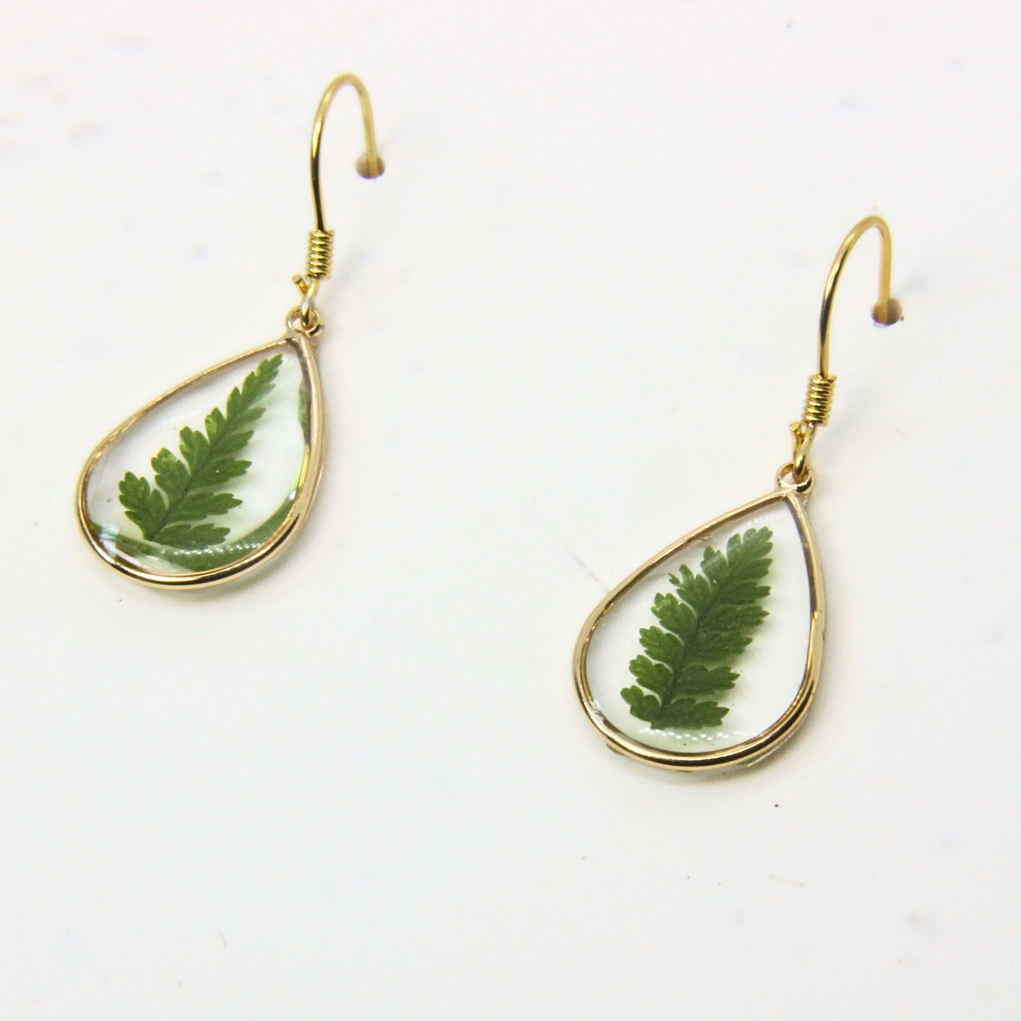 Resin earrings with preserved South African fern, Cape Town jewellery — RHYN