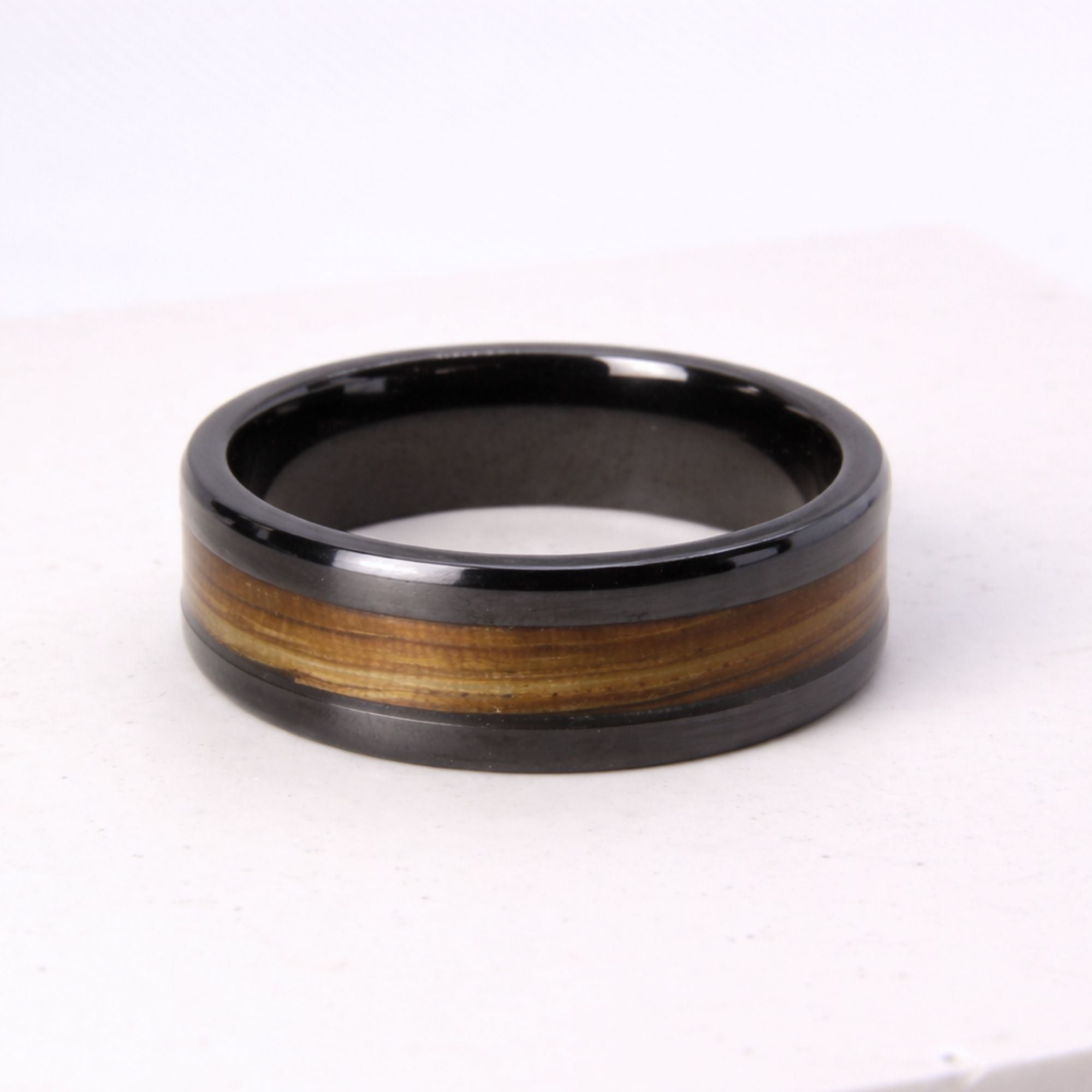 Zirconium ring with Zebrano wood inlay, made in Cape Town — RHYN