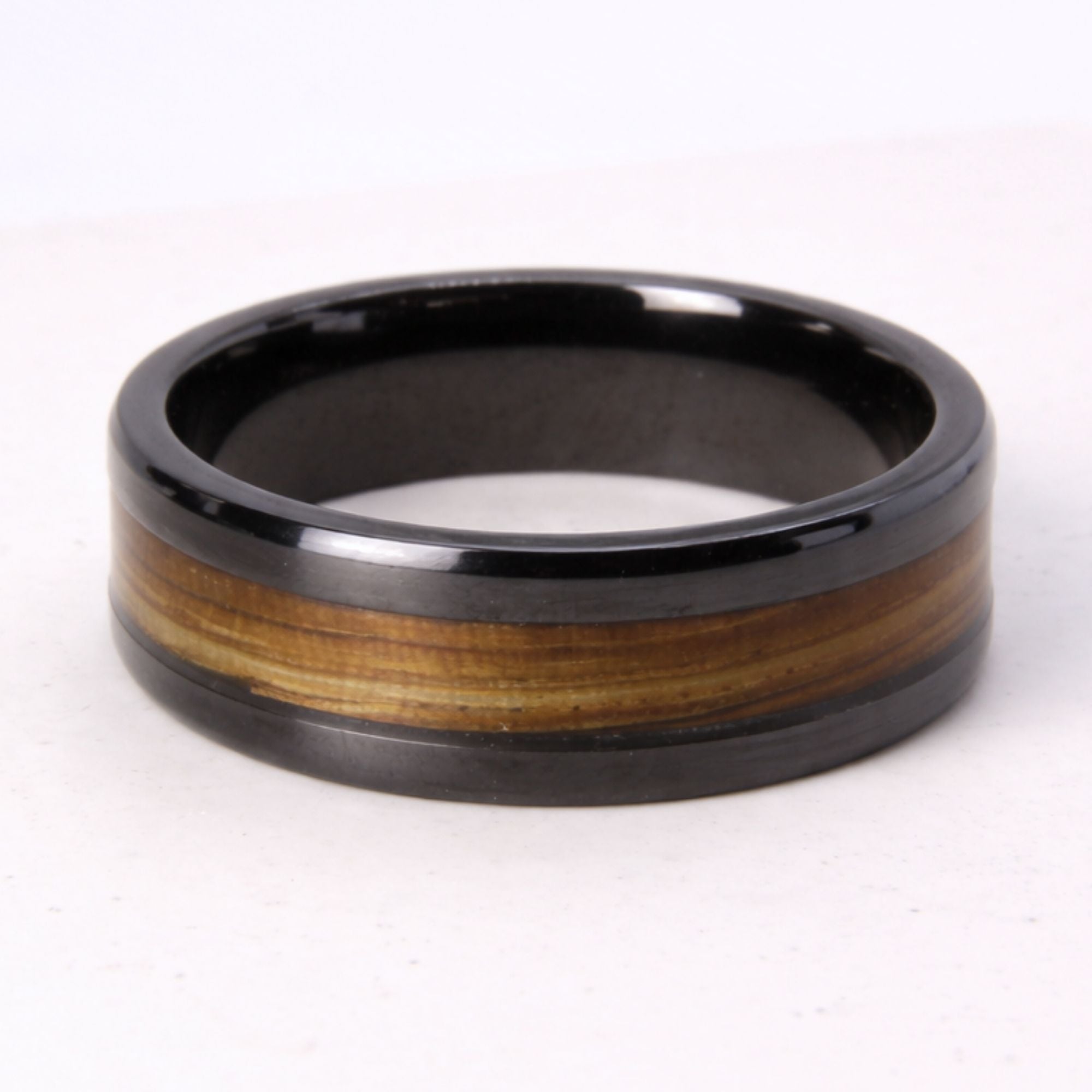 Zirconium ring with Zebrano wood inlay, made in Cape Town — RHYN